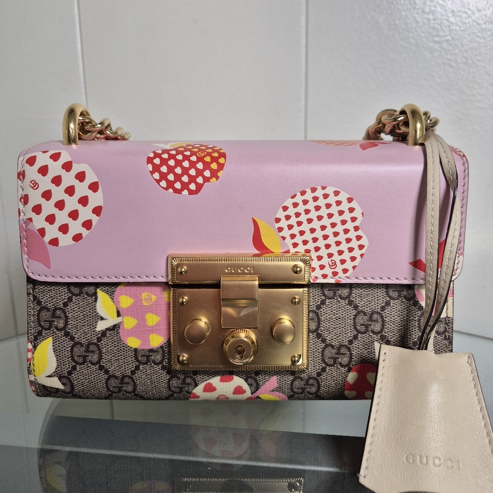 GG Supreme Monogram Les Pommes Small Padlock Shoulder Bag Beige Ebony Multicolor